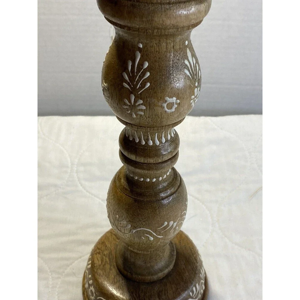 Wooden Hand painted Chunky Candle Holder, Column, 12” Tall